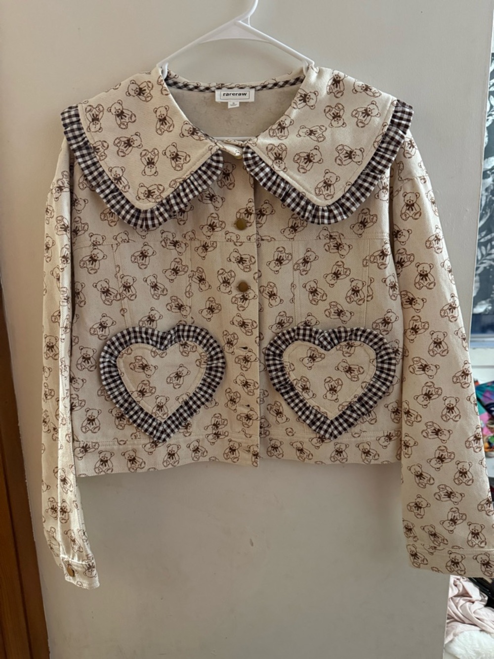 Rare raw Cream Teddy-Print Heart Pocket Jean Jacket - Picture 2 of 7